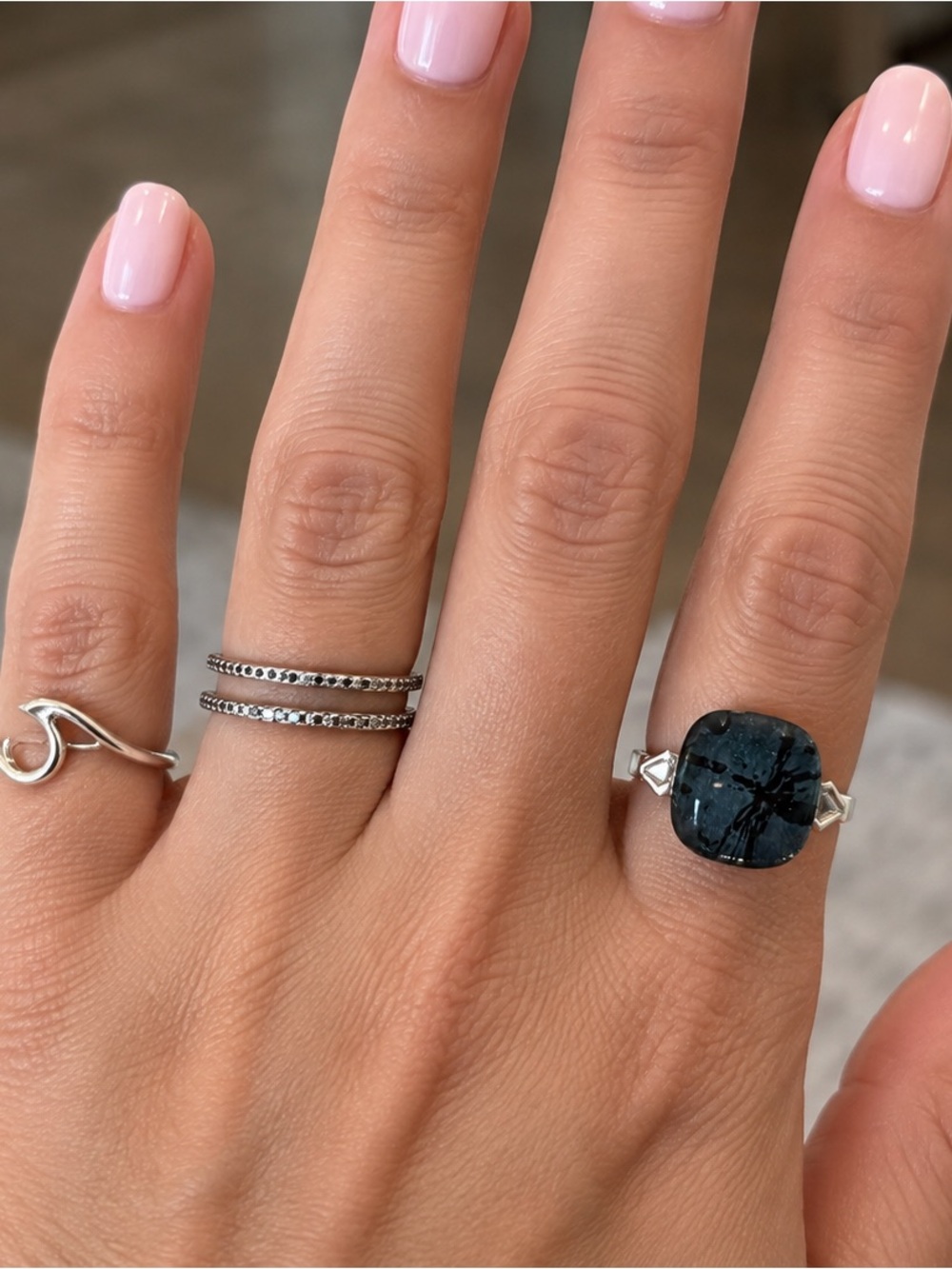 Sterling Silver Ring Set 4pc | CZ & Blue Statement | Size 8